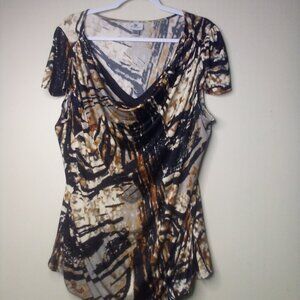 Worthington Blouse Women 1X Short Sleeve Lined Soft Stretch Pattern Black Brown